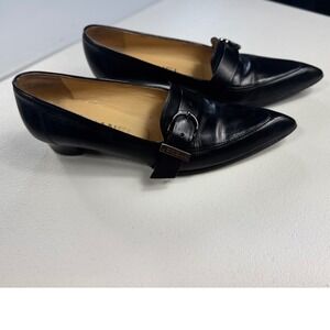 CHANEL Black Leather Pointed Toe Loafers‎ Buckle Detail Pumps Shoes 36